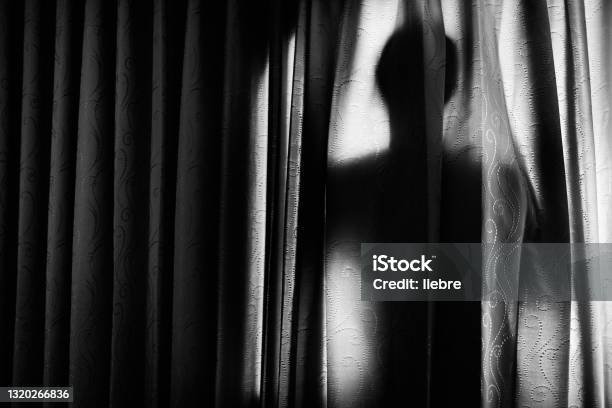 Man Behind A Curtain Back Stock Photo - Download Image Now - Shadow, Focus on Shadow, Ghost
