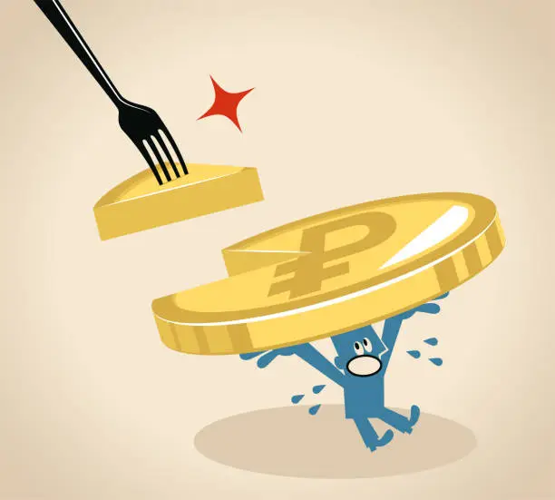 Vector illustration of Businessman carrying a Russian Rubles Currency (pie, cake) missing a slice stolen by a big fork