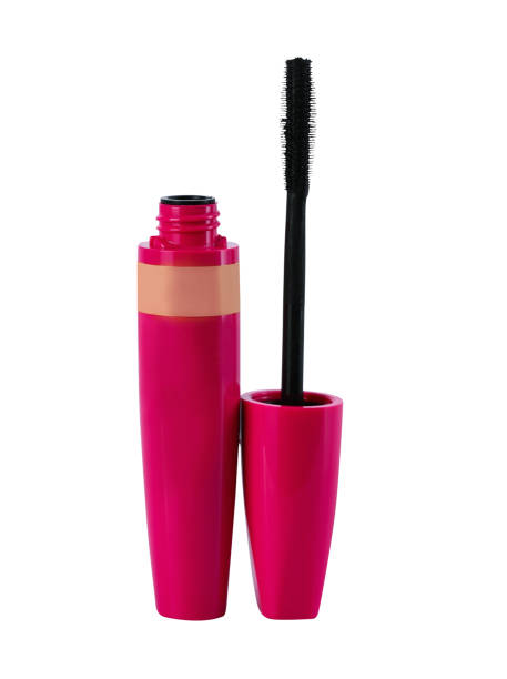 istock Open pink container of black mascara on white background 1320269535