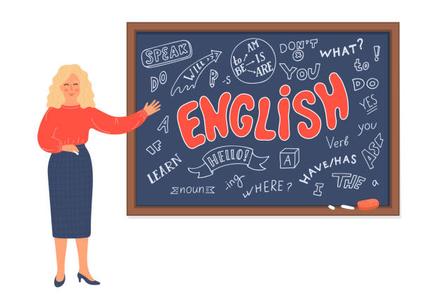 English lesson. English lesson. Teacher standing near blackboard with English language doodle english spoken stock illustrations