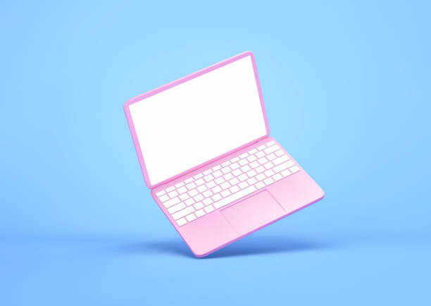istock Purple laptop with blank screen flying on blue background 1320269714