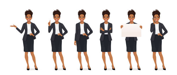 ilustraciones, imágenes clip art, dibujos animados e iconos de stock de elegante mujer de negocios africana - black sign holding vertical