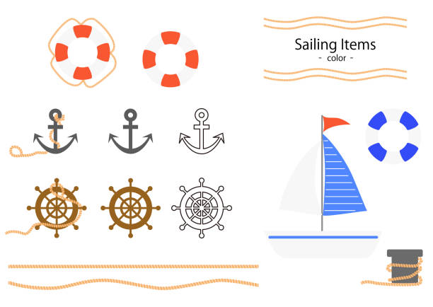 bildbanksillustrationer, clip art samt tecknat material och ikoner med detta är en illustration av en segelbåt och relaterade föremål. - segelsport illustrationer