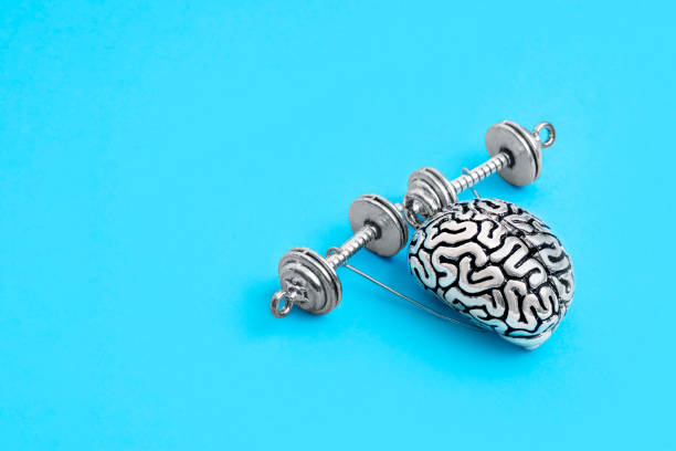 istock Creative mind training concept: steel copy of the human brain lifting dumbbells 1320271721