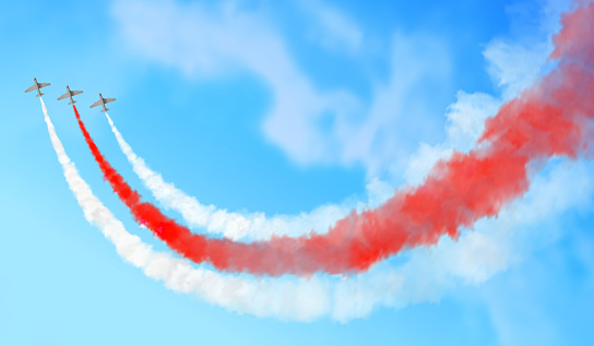 Vector illustration with three planes and trails in white, and red colors of the flag of Belarus isolated on sky background. The unofficial symbol of the struggle for the independence of Belarus.