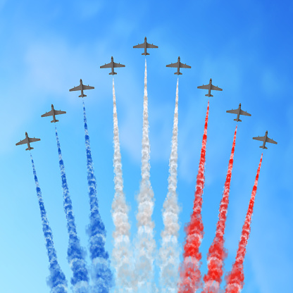 Vector illustration with nine planes and trails in blue white and red colors of the flag of France or USA isolated on sky background. USA Independence Day or France Bastille Day greeting card.