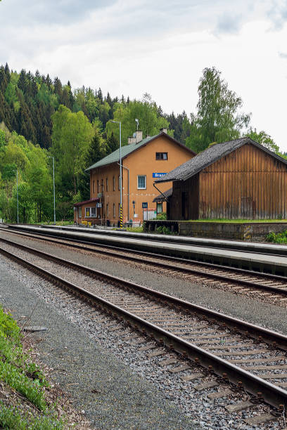 Branna railway station in Czech republic with railway track and trees around