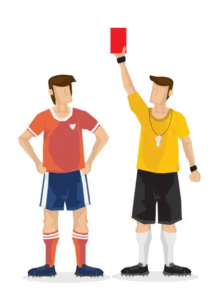 Vector illustration of Soccer football referees give out a red card on white background.