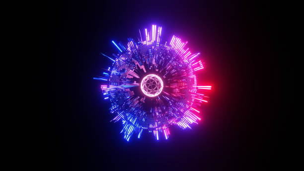 colorful 3d sci-fi alien space object with glowing energy light and sphere at the center, isolated on a black background. colorful 3d sci-fi alien space object with glowing energy light and sphere at the center, isolated on a black background. vj loop stock pictures, royalty-free photos & images