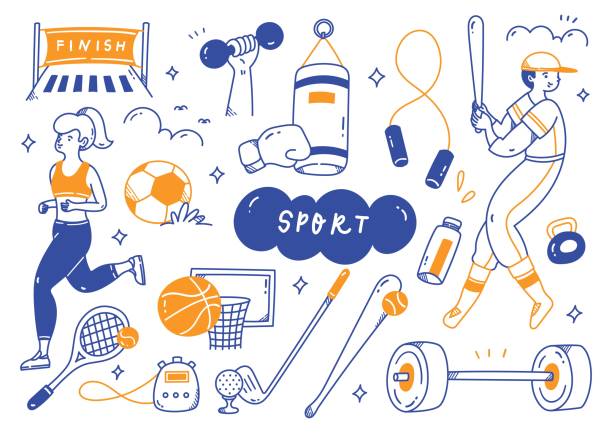 sportgeräte in doodle linie kunst vektor-illustration - racket sport stock-grafiken, -clipart, -cartoons und -symbole