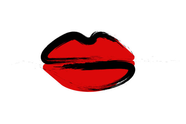 istock Red lips are painted with a black brush, isolated on white. Print for T-shirts, websites, decorative pillows. Vector graphics. 1320273733