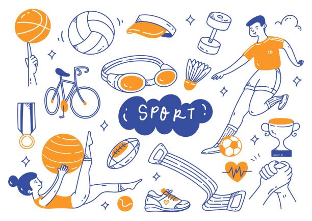 sportgeräte in doodle linie kunst vektor-illustration - set sport stock-grafiken, -clipart, -cartoons und -symbole