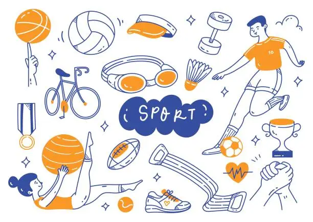 Vector illustration of sport equipment in doodle line art vector illustration