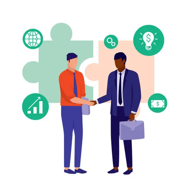 Vector illustration of Two Businessmen Of Different Ethnicities Handshaking. Business Diversity Concept. Vector Illustration Flat Cartoon.