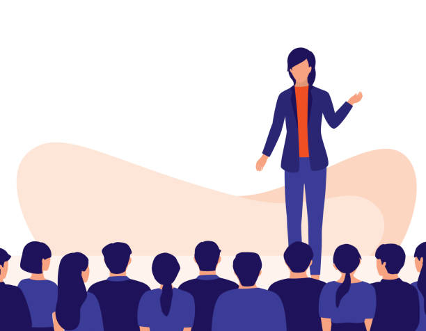 Businesswoman Standing On Stage. Conference Concept. Vector Flat Cartoon Illustration. Female Entrepreneur Giving Seminar To The Crowds. speaker illustrations stock illustrations