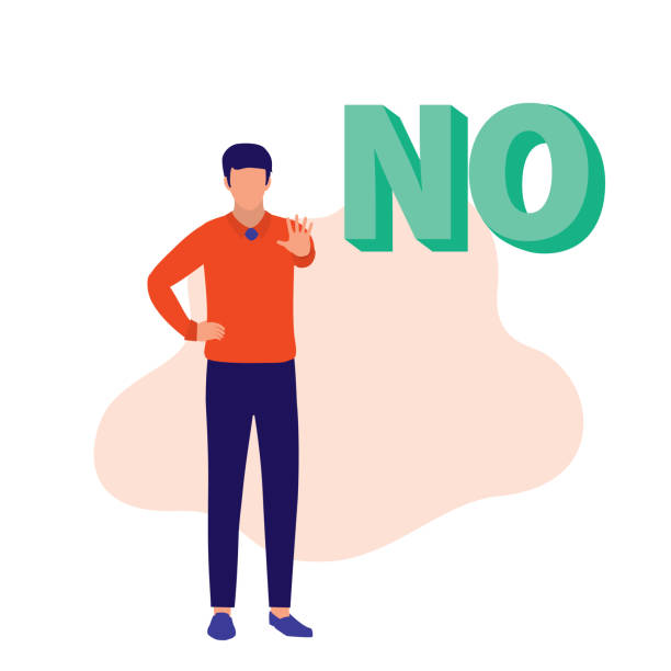 Man Saying No. Rejection Concept. Vector Flat Cartoon Illustration. Man With Stop Hand Gesture. just say no stock illustrations