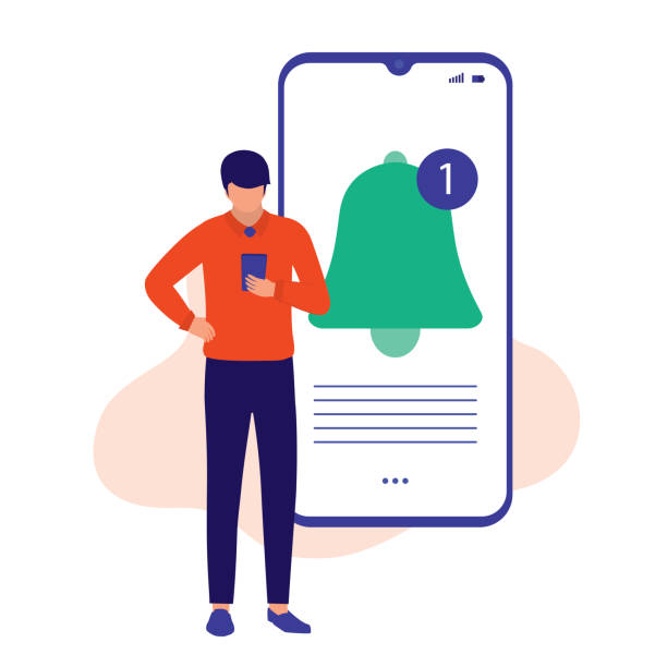 człowiek odbieranie powiadomień bell alert. koncepcja powiadomień. wektor ilustracja płaska kreskówka. - telefonować ilustracje stock illustrations