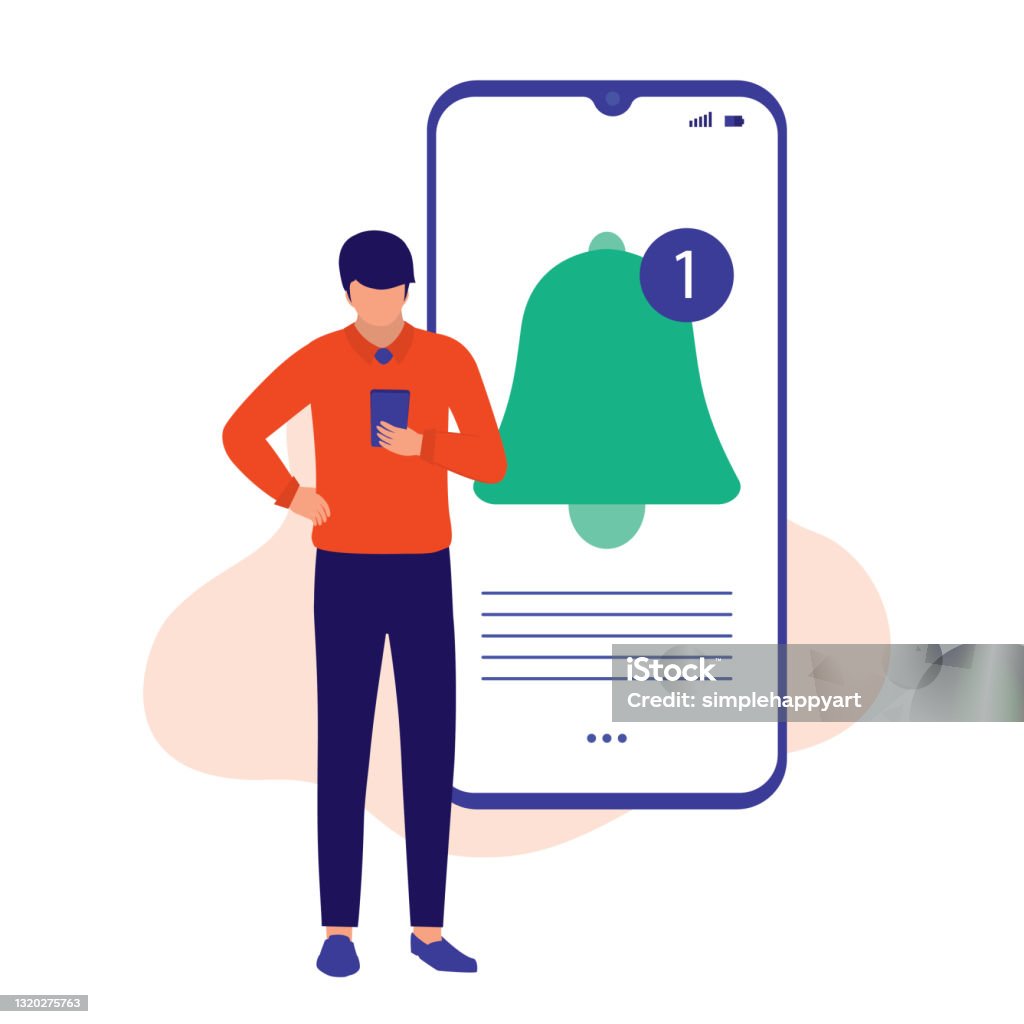 Man Receiving Notifications Bell Alert. Notification Concept. Vector Illustration Flat Cartoon. Man Checking On His Mobile Phone. Using Phone stock vector