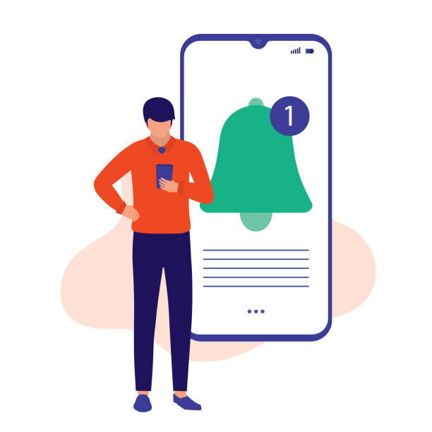 Man Receiving Notifications Bell Alert. Notification Concept. Vector Illustration Flat Cartoon. Man Checking On His Mobile Phone. person on phone stock illustrations