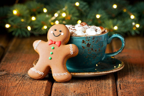 istock Christmas time composition with mug with  hot chocolate and gingerbread cookies 1320279304