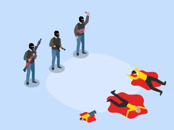 Vector illustration of Group of terrorist killing people with gun