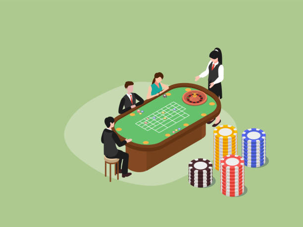 People gambling on table with female croupier Casino isometric vector concept. Group of people playing on gambling table with female croupier and stack of casino chip casino illustrations stock illustrations