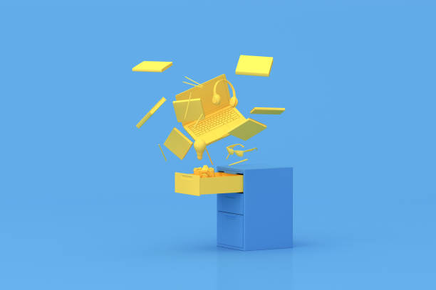 istock 3d rendering of floating laptop and office accessories, tools from cabinet on blue background. 1320287880