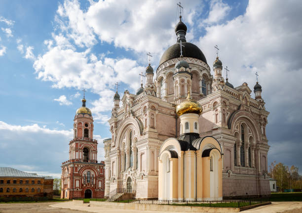 Cathedral, chapel and church with a bell tower in the Kazan monastery in Vyshny Volochyok, Tver region, Russia.