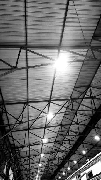 Indonesia - May 27, 2021: Black and white, roof building architecture, building structures, building lights, stations, interior design, background, retro style, memories time past, nostalgia, flashback, vintage, gray, light, cover magazine