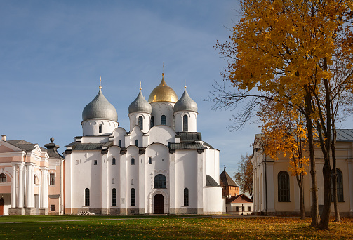 St. Sophia Cathedral in the Novgorod Kremlin on a sunny autumn October day. Veliky Novgorod, Russia