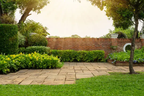 Photo of Back and front yard cottage garden, flowering plant and green grass lawn, brown pavement and orange brick wall, evergreen trees on background, in good care maintenance landscaping in park