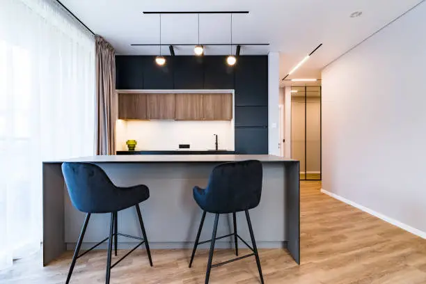 Modern and minimalist black kitchen in a bright apartment with white walls and wooden floor.