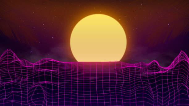 istock Beautiful mountain evening, sunset, synth wave and retro wave, vaporwave futuristic aesthetics 1320291192