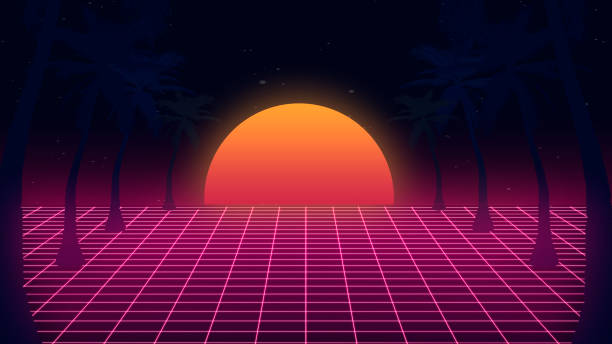 illustrations, cliparts, dessins animés et icônes de belle soirée plage, coucher de soleil, vague synthé et vague rétro, esthétique futuriste vaporwave - sleaze