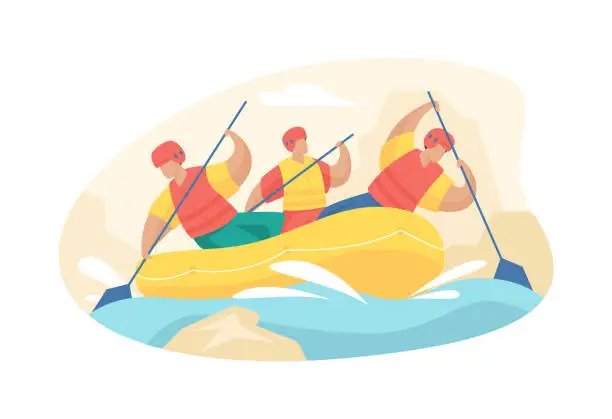 Vector illustration of People engaged in extreme rafting. Adrenaline descent along mountain rivers with team building.