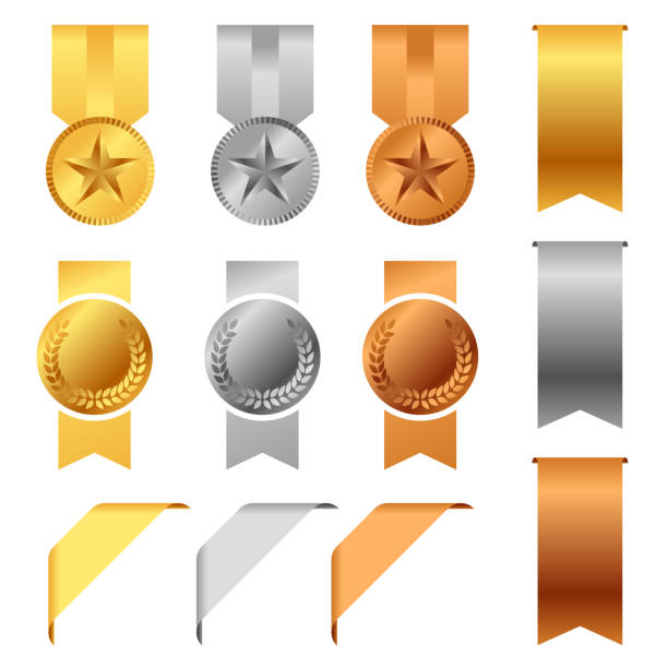 illustrazioni stock, clip art, cartoni animati e icone di tendenza di medaglie d'oro, argento e bronzo e set di nastri premio vettoriale - medal bronze medal military star shape