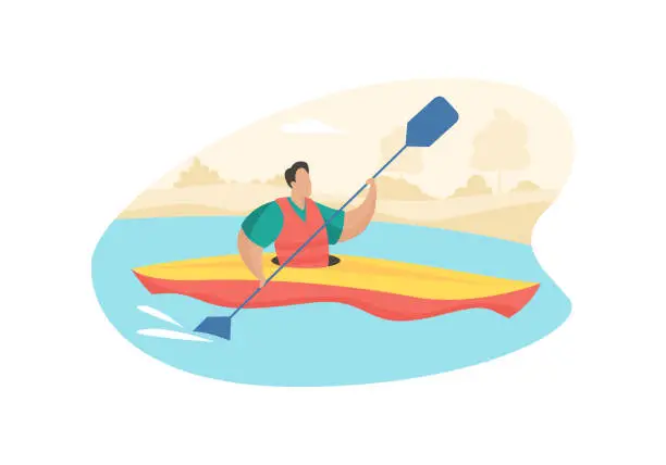 Vector illustration of Tourist swims in kayak. Active recreation and sports rivers and lakes