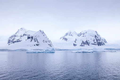 Scenic view of icebergs floating on water with snowcapped mountain in background, Gerlache Strait, Antarctica.