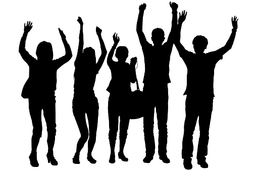 A group of young people tourists. Three girls and two guys in the summer stand tall, their hands raised up, welcoming and rejoicing at the meeting. Vector silhouettes