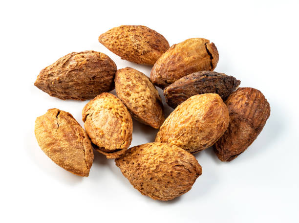 istock several cracked almond drupes closeup on white 1320293960