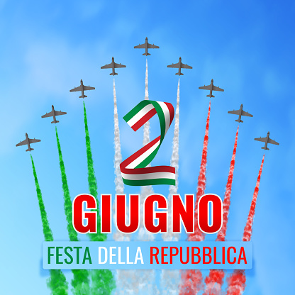 Vector illustration with nine planes and trails in green, white, and red colors of the flag of Italy and text isolated on sky background. Translation: 