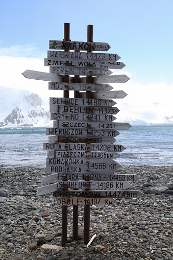 Wooden directional sign with distances and cities from King George Island, South Shetland Islands, Antarctica.