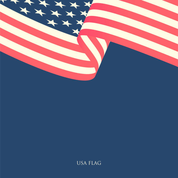 青い背景に手を振るアメリカの旗。ストックイラスト - アメリカ合衆国 イラスト点のイラスト素材／クリップアート素材／マンガ素材／アイコン素材