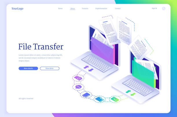 ilustrações de stock, clip art, desenhos animados e ícones de file transfer isometric landing, data migration - file sharing computer data