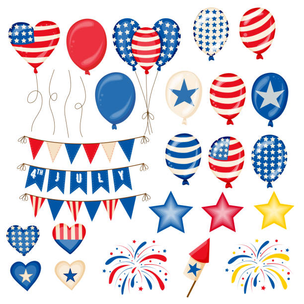 illustrations, cliparts, dessins animés et icônes de ensemble de symboles du 4 juillet pour le jour de l’indépendance. illustration patriotique américaine des ballons, des drapeaux, des étoiles, des feux d’artifice et du pétard avec des couleurs rouges et bleues - flag glass striped fourth of july