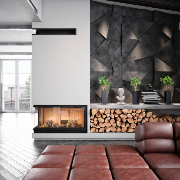 istock Empty modern living room with sofa, decoration and fireplace 1320296705