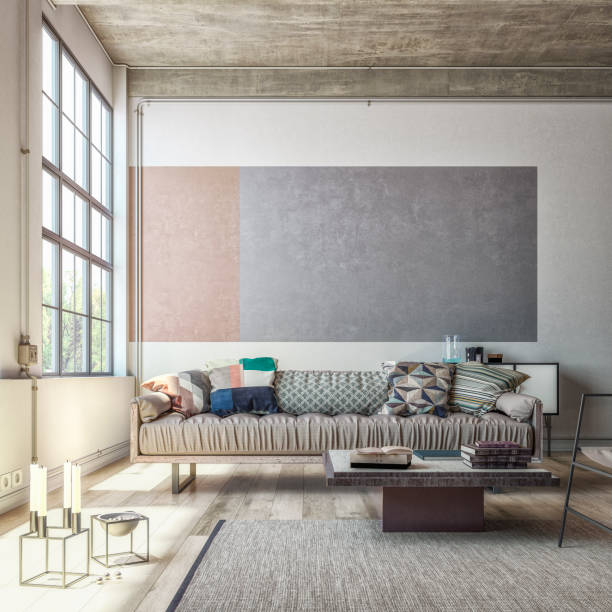istock Empty industrial loft interior - living room with large windows 1320296726