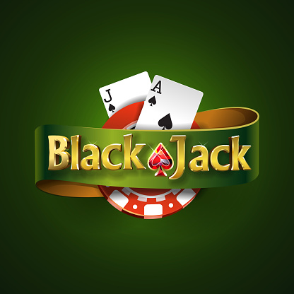 Blackjack logo with green ribbon and on a green background, isolated. Card game. Casino game