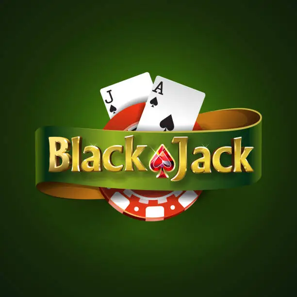 Vector illustration of Blackjack logo with green ribbon and on a green background, isolated. Card game. Casino game