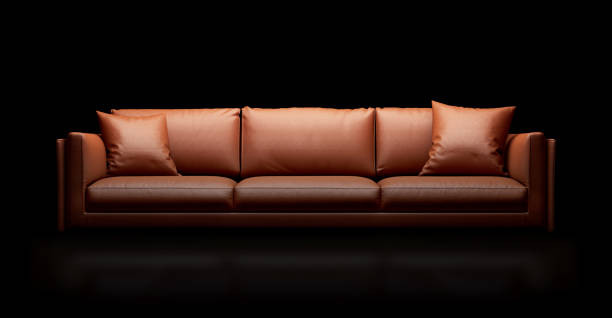 Modern brown leather sofa on reflective black background. 3d rendering stock photo
